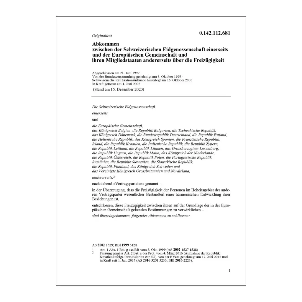 Abk. Schweiz - EU über die Freizügigkeit, FZA