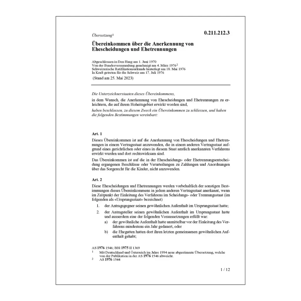 Übereinkommen über die Anerkennung von Ehescheidungen und Ehetrennungen
