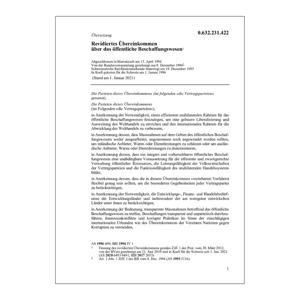 Übereink. öffentl. Beschaffungswesen, WTO