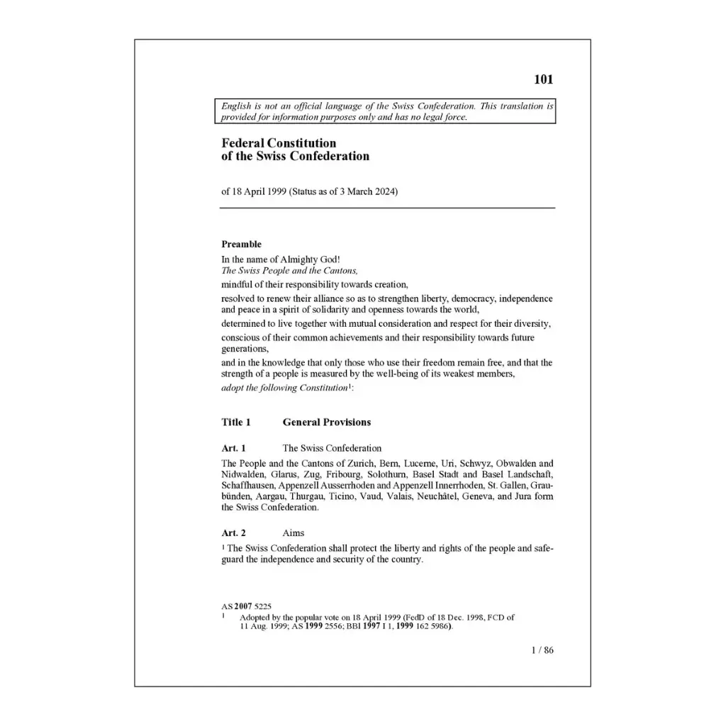 (EN) Bundesverfassung der Schweizerischen Eidgenossenschaft, BV