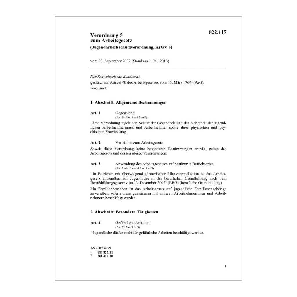 V, Jugendarbeitsschutzverordnung, ArGV 5