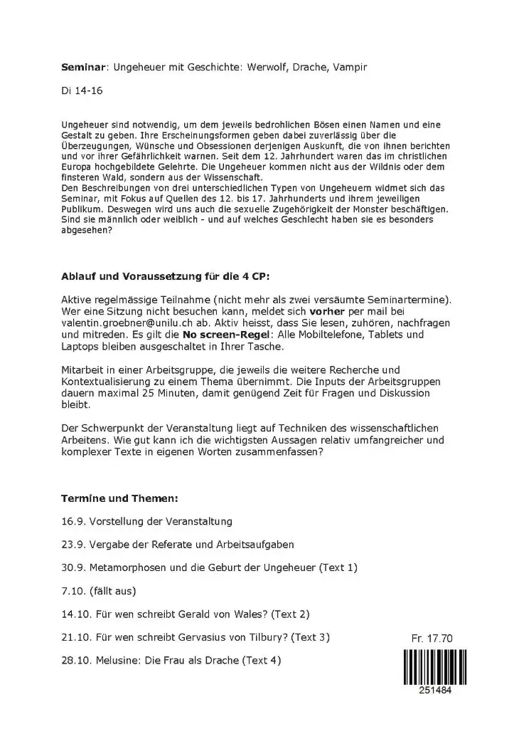 Seminar: Ungeheuer mit Geschichte: Werwolf, Drache, Vampir