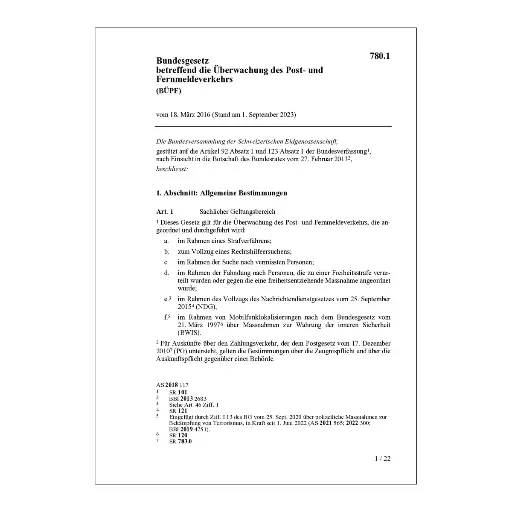 [007801] Bundesgesetz betreffend die Überwachung des Post- und Fernmeldeverkehrs, BÜPF