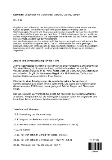 [251484] Seminar: Ungeheuer mit Geschichte: Werwolf, Drache, Vampir