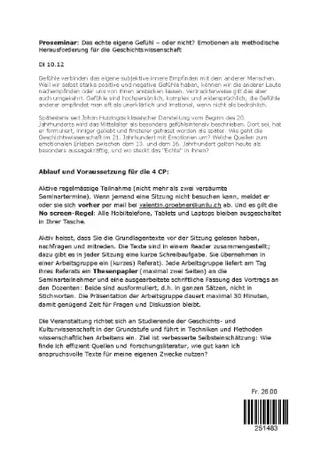 [251483] Das echte eigene Gefühl – oder nicht? Emotionen als methodische Herausforderung für die Geschichtswissenschaft 